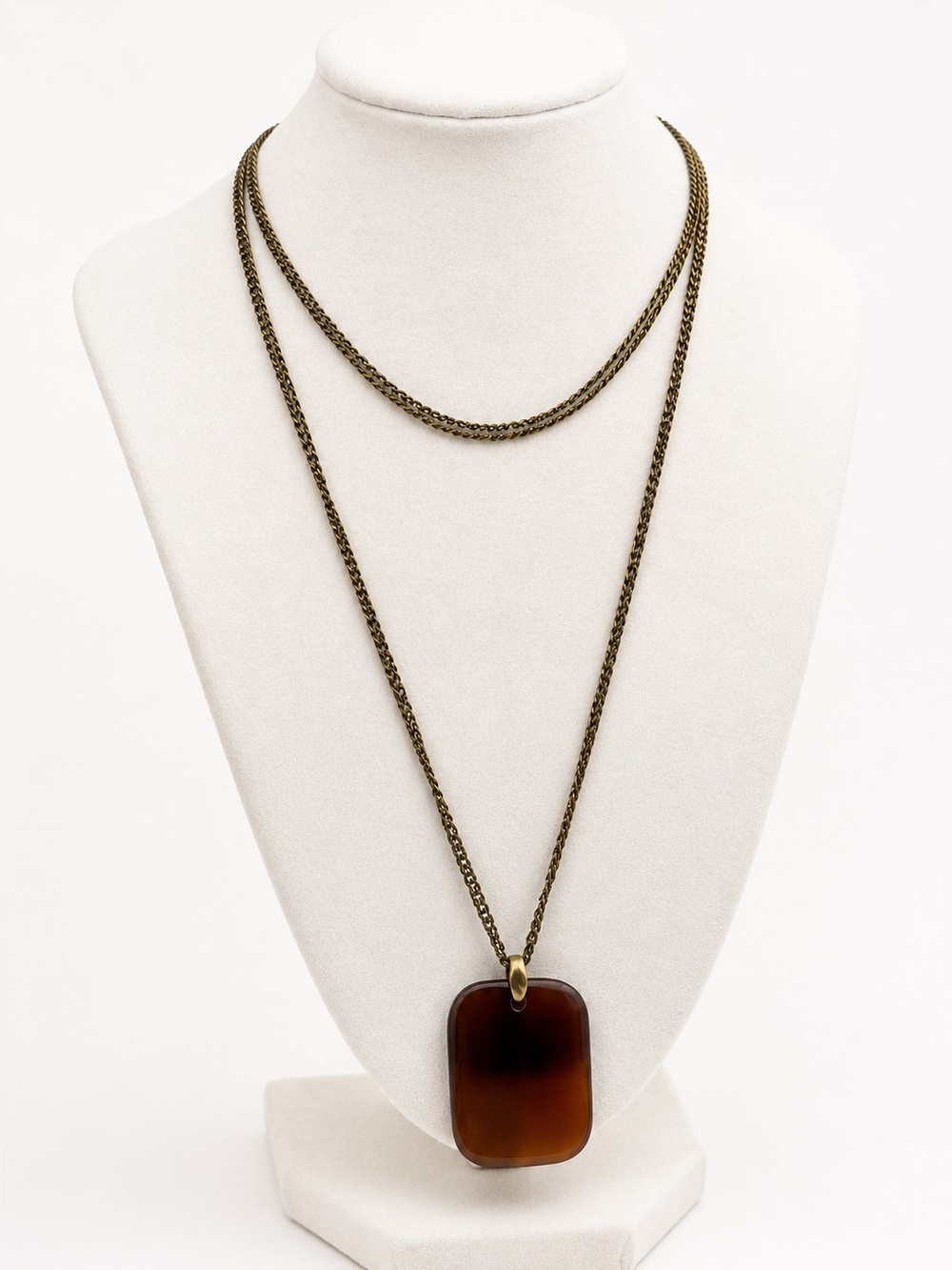 Gold-Tone Layered Necklace with Brown Rectangular Pendant